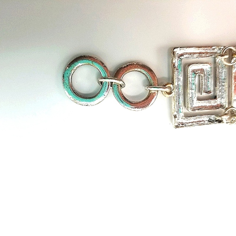 Greek Keysquare Bracelet Chunky Silvertone & Black Spiral Link T-Bar Closure - Picture 11 of 14